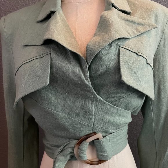 JLUXLABEL Myling Linen Blend Cropped Wrap Top Jacket in Sage Green - NWT - Small - Picture 4 of 12